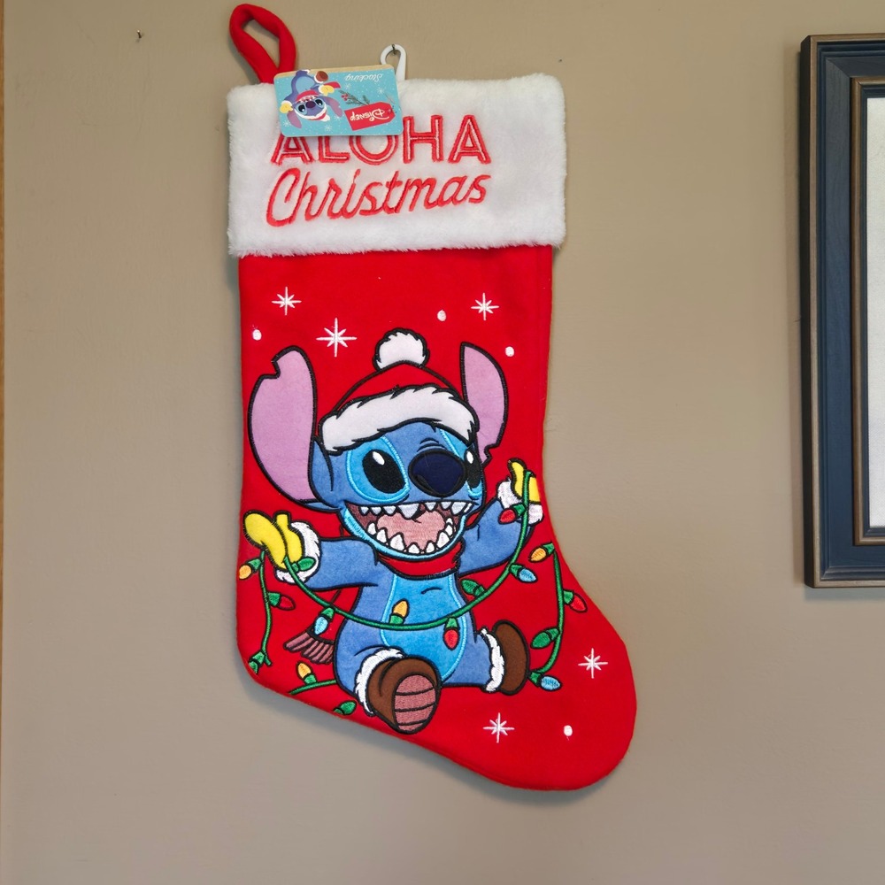 Disney Lilo & Stitch Aloha Christmas Stocking Red White Faux‎ Fur Ruz 18706418